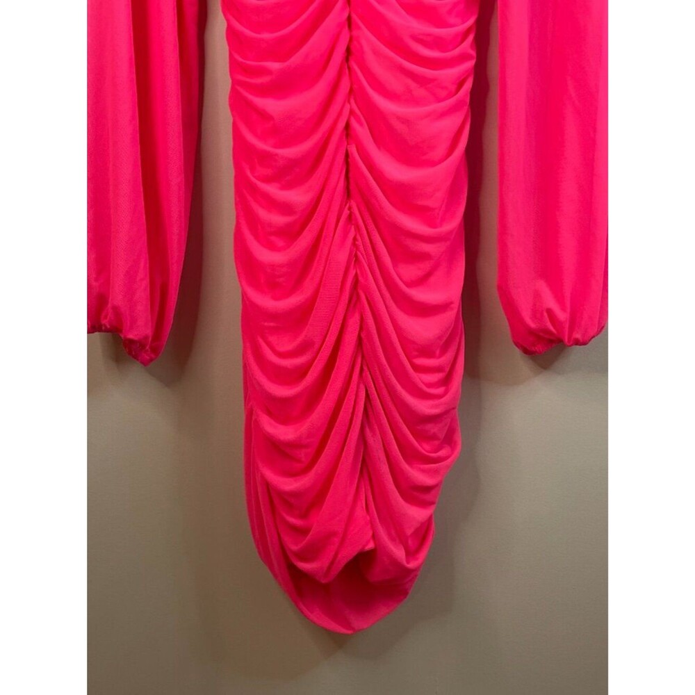 MEROKEETY Hot Pink Long Sleeve Square Neck Mesh Bodycon Midi Dress Size M 8-10 - Picture 11 of 15